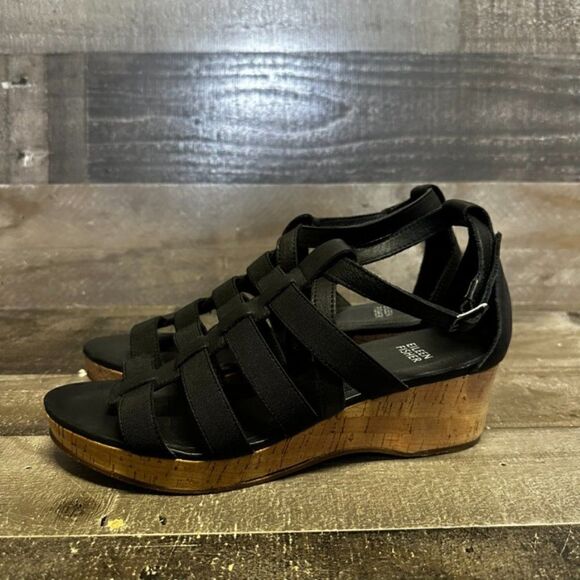 Eileen Fisher black strappy gladiator cork wedge sandal size 9.5 - Picture 2 of 9
